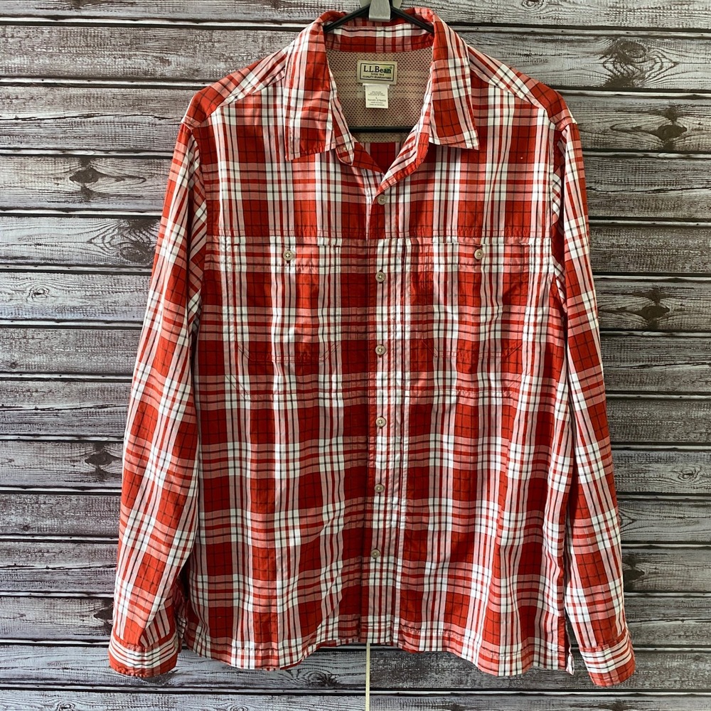 LL‎ Bean Men's Long-Sleeved Button-Down Shirt Size L Red White Plaid Pocket